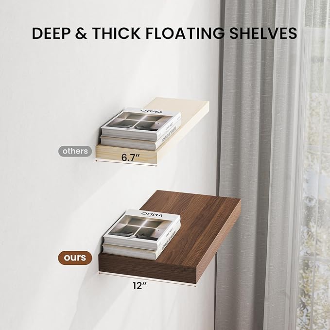 Dreamland 55" Floating Shelves for Wall, 12" Deep Thicker Walnut Floating Shelves, Wall-Mounted Shelves for Bedroom, Living R