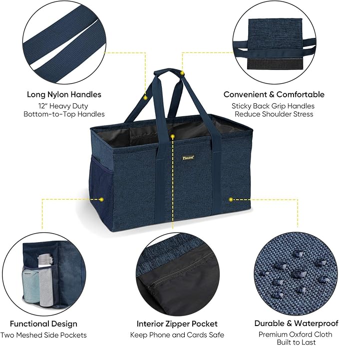 BALEINE Extra Large Utility Tote Bag with Reinforced Wire Frame, Reusable Grocery Bag for Shopping, Picnic (Blue, 22''x12''x10'')