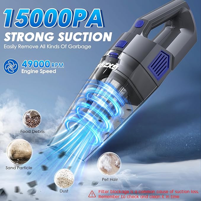Handheld Vacuum Cordless, 15000PA Strong Suction Hand Held Car Vacuum Cleaner Rechargeable, Portable Hand Vacuum with Multi-N