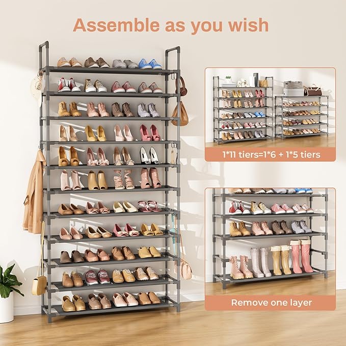 LANTEFUL 11 Tiers Tall Shoe Rack Holds 55 Pairs of Shoes with 18pcs Hooks Sturdy Wide Shoe Organizer Storage Free Standing Me