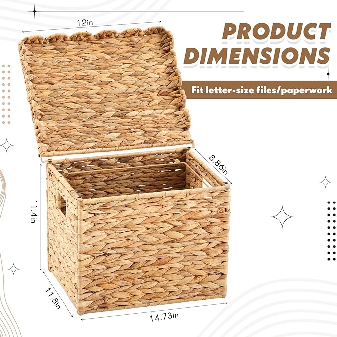 Jingmore Water Hyacinth File Storage Box with Scalloped Lid Collapsible Letter Size Hanging Filing Organizer Basket for Home 