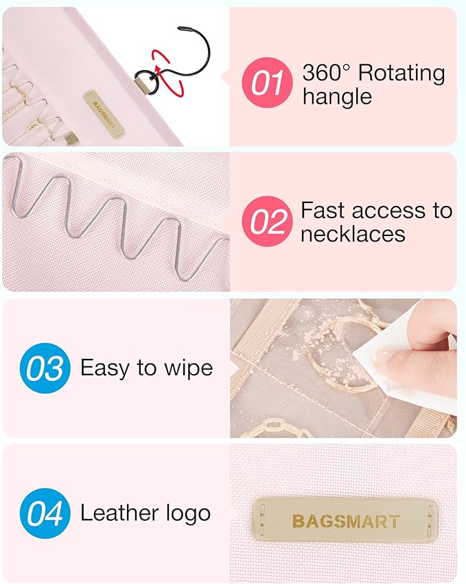 BAGSMART Hanging Jewelry Organizer Storage Roll with Hanger Metal Hooks Double-Sided Jewelry Holder for Earrings, Necklaces, 
