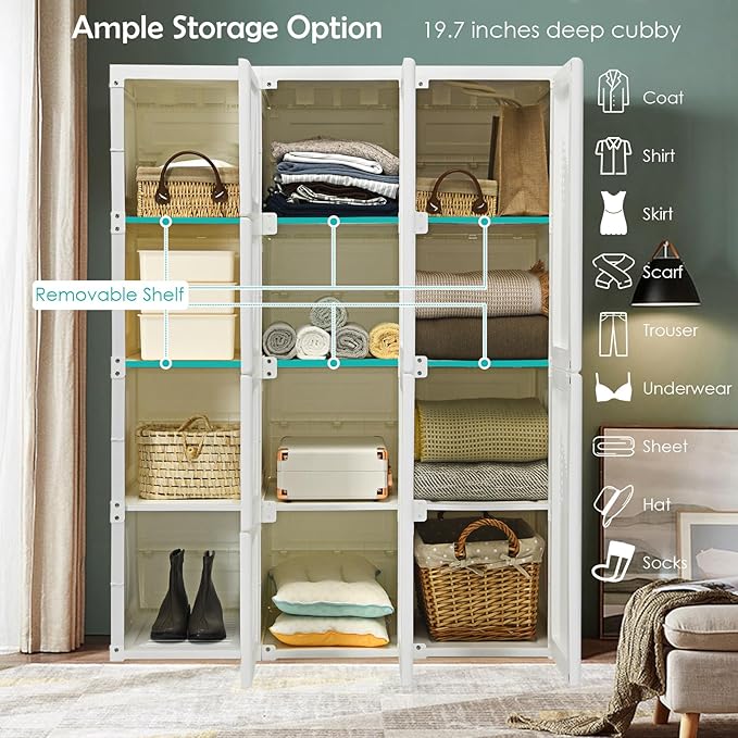 Tangkula Portable Closet Wardrobe, Foldable Clothes Organizer with Cubby Storage, Hanging Rods, Easy Assemble Clothing Storag