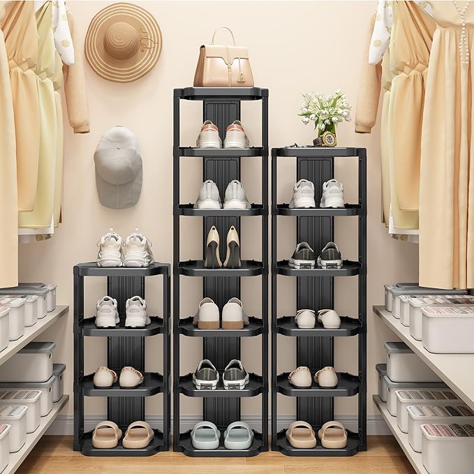 Kitstorack 8-Tier Vertical Plastic Shoe Rack, Freestanding Stackable Storage Organizer for Small Closets and Tight Spaces