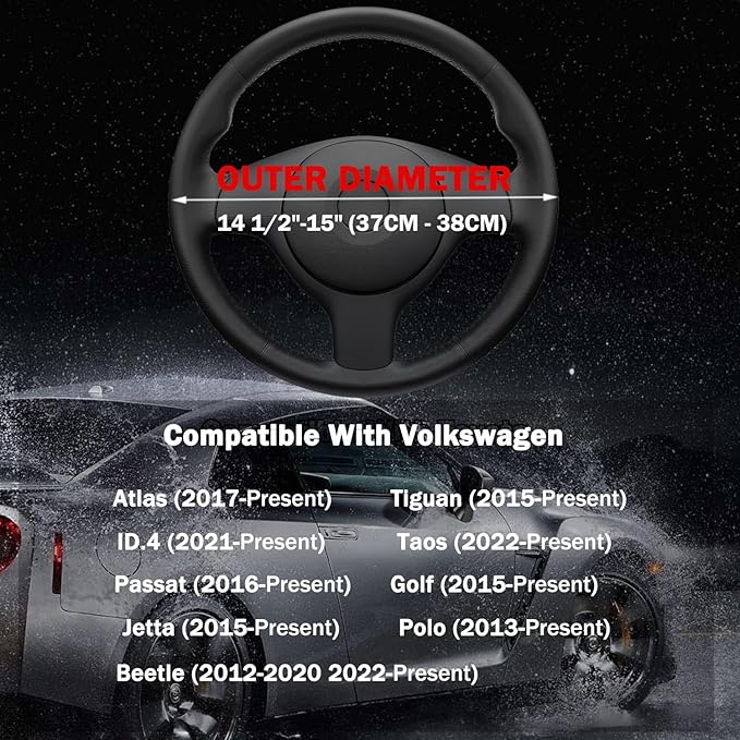 D-Shaped Steering Wheel Cover for Volkswagen VW Atlas Tiguan Jetta ID.4 Passat Taos Golf Beetle Polo GTI Touareg CC SEL SE R-line S Cross Sport Car Accessories, 14.5-15 inch Black