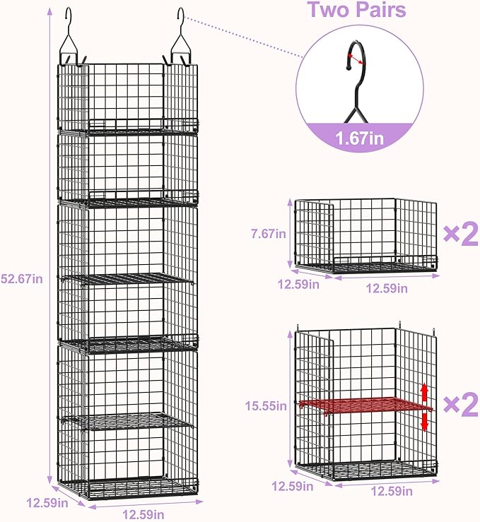 6 Tier Hanging Closet Organizers and Storage Stackable Hanging Closet Shelves with 4 Hooks 2 Adjustable Dividers, Wire Storag