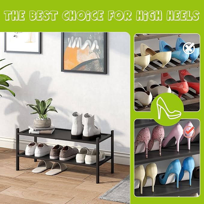 BMOSU 2-Tier Bamboo Shoe Rack Premium Stackable Shoe Shelf Storage Organizer for Hallway Closet Living Room Entryway Organize