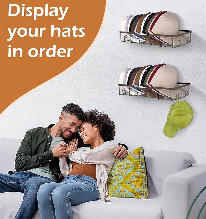 KEETDY Metal Hat Racks for Wall Baseball Cap Organizer Fit 48 Caps Holder, 2 Packs Sturdy Wall Mounted Hat Storage Organizer,
