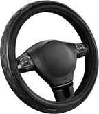 Road Comforts Leather Steering Wheel Cover – Black & Black, Universal Fit 14.5-15 Inch, Microfiber Leather, Anti-Slip & Breat