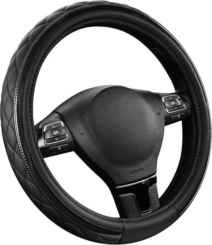 Road Comforts Leather Steering Wheel Cover – Black & Black, Universal Fit 14.5-15 Inch, Microfiber Leather, Anti-Slip & Breat
