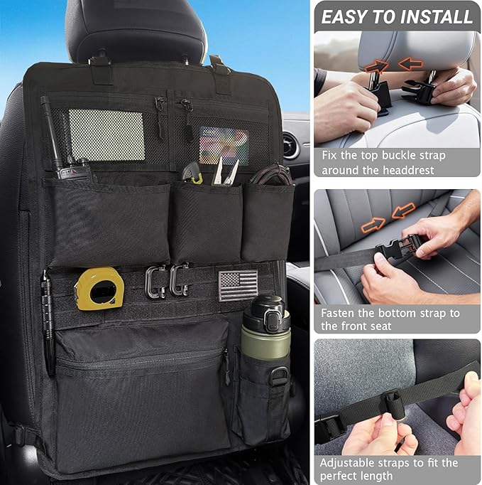 Tactical Car Seat Organizer with Multiple Pockets, MOLLE Panel System & Mesh Compartments, Durable Nylon Universal Vehicle Backseat Storage with Cup Holder, Water-Resistant (Black)