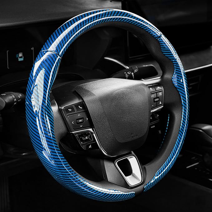 West Llama Carbon Fiber Steering Wheel Covers,3 Piece Car Wheel Cover Universal Fit 99% Cars(Glossy Blue)