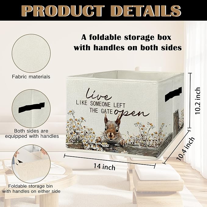 Rustic Squirrel Storage Bins & Boxes with Handles, Farmhouse Squirrel Foldable Basket for Organizing, Live Like Someone Left 