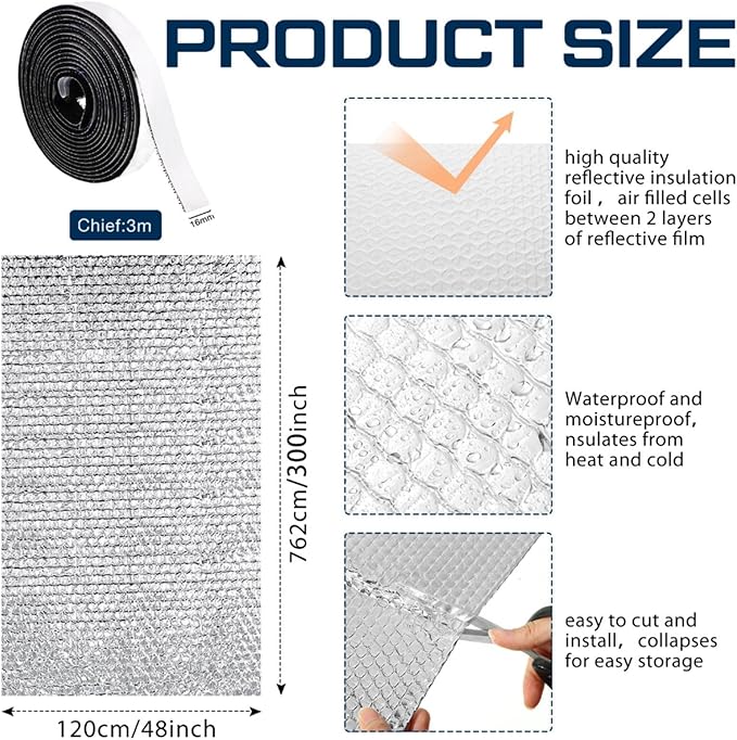 Frienda Rv Window Reflective Insulation Roll 47.2inch*25ft Double Aluminum Foil Heat Bubble Thermal Window Shade Door Cover Blackout for Garage Roof Travel Camper Skylight Shield