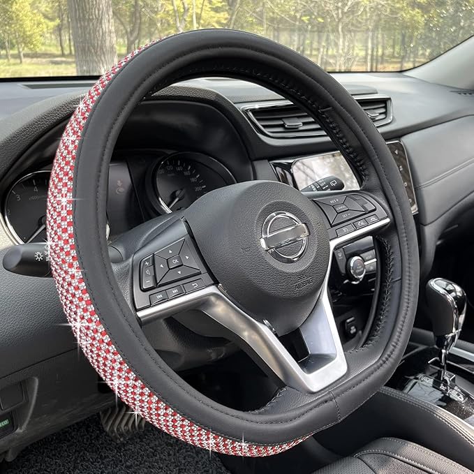 PINCTROT D Shaped Bling Comfy Steering Wheel Cover with Jumbo Crystal Rhinestones, Anti-Slip Diamond Leather, Flat Bottom 14.5-15 Inch (Red)