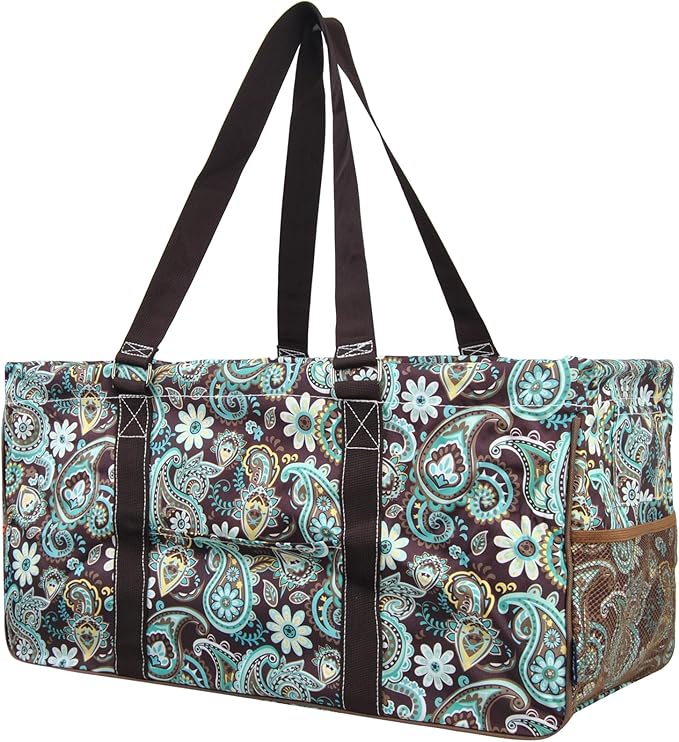 NGIL Extra Large Utility Tote Reusable Grocery Organizing Bag Oversized Collapsible for Storage, Picnic,Car, Beach (Teal Paisley-Brown)