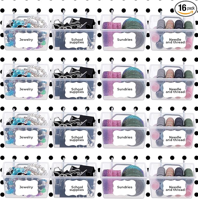 16 Set Clear Peg Board Bins and Baskets Pegboard Organizer Accessories with Hooks Pegboard Containers Wall Sticker Label and 
