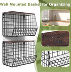 Wawocs Fruit Basket for Kitchen Counter 2 Tier Fruit Bowl, Stackable Wall Mounted Hanging Fruit Basket Wire Baskets with Wood