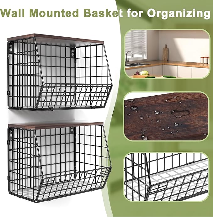Wawocs Fruit Basket for Kitchen Counter 2 Tier Fruit Bowl, Stackable Wall Mounted Hanging Fruit Basket Wire Baskets with Wood