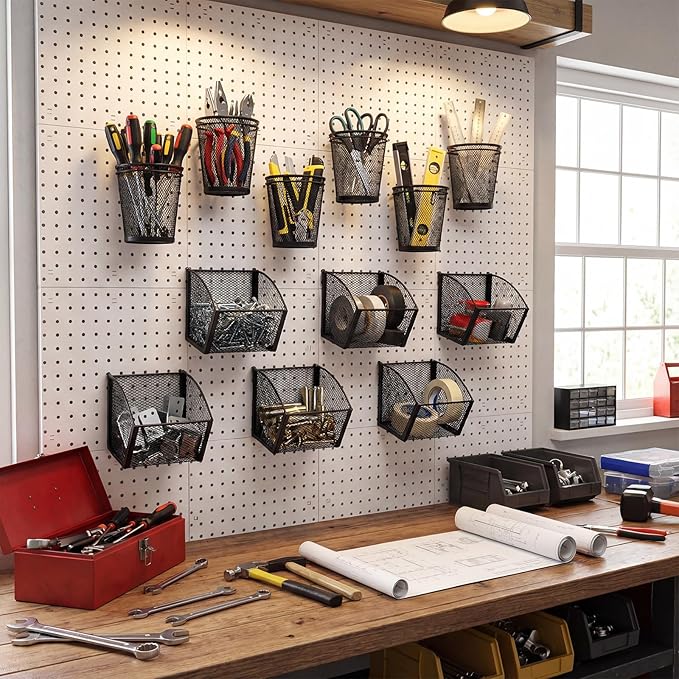 6 Set Pegboard Accessories Wall Organizer Peg Board Baskets and Cups Black Metal Pegboard Baskets and Wire Mesh Cup with Ring