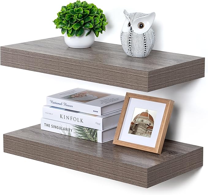 Deep Floating Shelves | 24 Inch Grey Floating Shelves Set of 2 | 12 Inch Deep Rustic Wood Shelves for Wall | 24" W x 12" D Gr