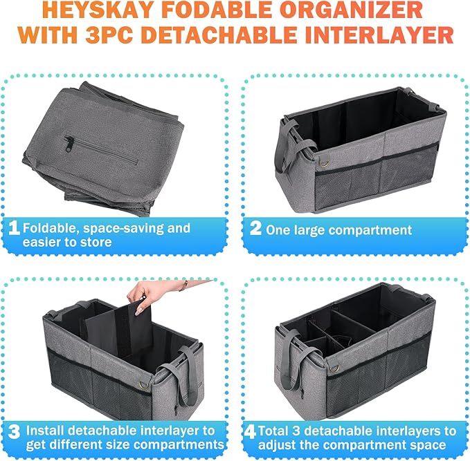 HEYSKAY Car Seat Organizer-Passenger Seat Organizer, Collapsible Small Car Seat Organizer for Console Front/Back, Car Caddy with 4pc Drink Holders Automotive Backseat Organizer for Kids