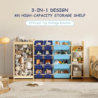 EXPERLAM 3-in-1 Toy Storage Organizer, Stuffed Animal Holder & 3-Tier Bookcase, Solid Wood Toy Organizer with 12 Storage Bins