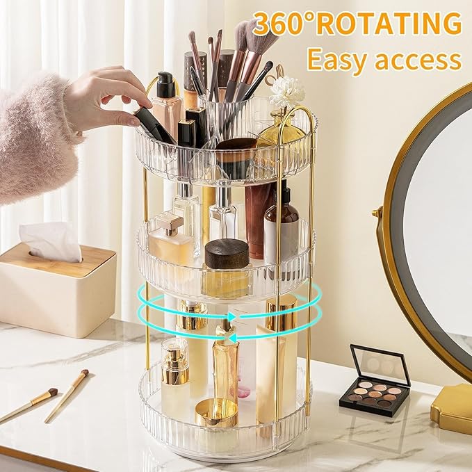 360° Rotating Makeup Organizer, Large-Capacity Skincare Make Up Storage 3 Tier Perfume Organizers Cosmetic Dresser Organizer 