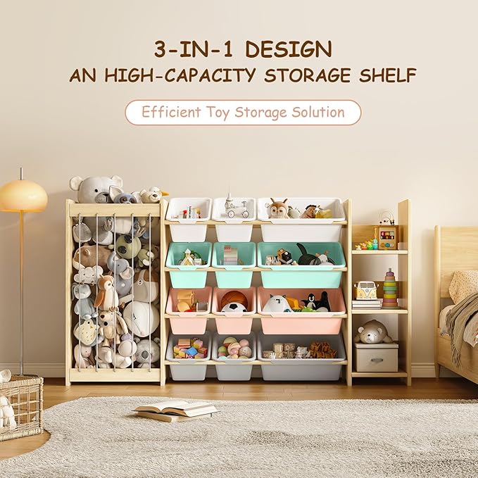 EXPERLAM 3-in-1 Toy Storage Organizer, Stuffed Animal Holder & 3-Tier Bookcase, Solid Wood Toy Organizer with 12 Storage Bins