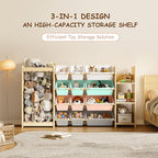 EXPERLAM 3-in-1 Toy Storage Organizer, Stuffed Animal Holder & 3-Tier Bookcase, Solid Wood Toy Organizer with 12 Storage Bins