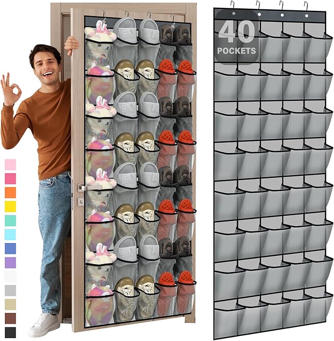 Windyun 40 Over The Door Shoe Organizer, Large Mesh Pocket Hanging Shoe Rack Hanger Large Capacity Gray Behind The Door Stora