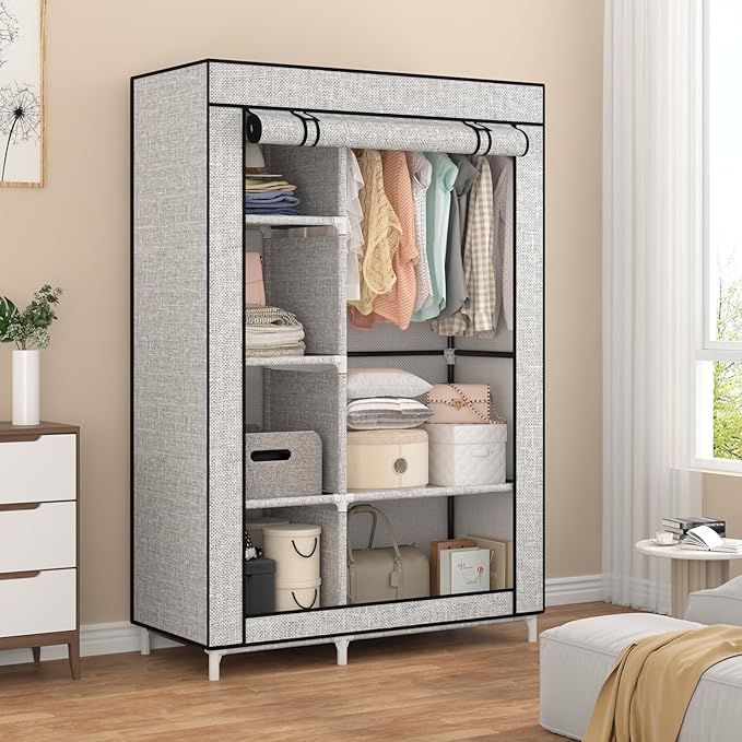 Calmootey Portable Closet Organizers, Clothing Storage, Wardrobe with 6 Shelves and Hanging Rod, Non-Woven Fabric Cover with 