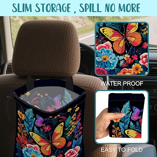 Car Garbage Bag Colorful Flowers and Butterflies Hanging Canvas Car Trash Bag Waterproof Drawstring Car Back Seat Organizer for Car Back Front Seat Console with Adjustable Buckle