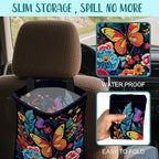 Car Garbage Bag Colorful Flowers and Butterflies Hanging Canvas Car Trash Bag Waterproof Drawstring Car Back Seat Organizer for Car Back Front Seat Console with Adjustable Buckle