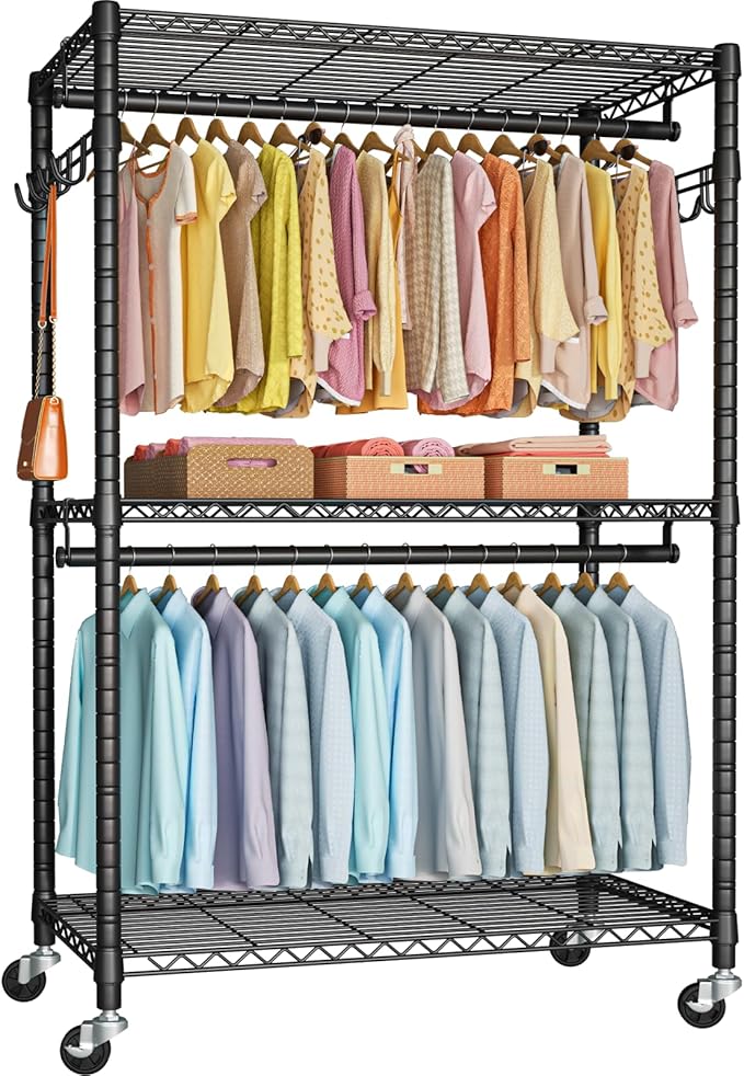 FUTASSI P1 Plus Rolling Clothes Rack, 22mm Diameter Heavy Duty Garment Rack with Wheels, Portable Closet Wardrobe with Double