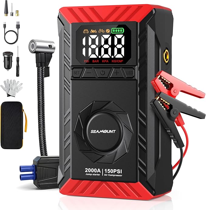 SEAMOUNT 2000A Jump Starter with Air Compressor Combo, Portable Car Battery Booster Pack for 6L Gas / 3L Diesel,