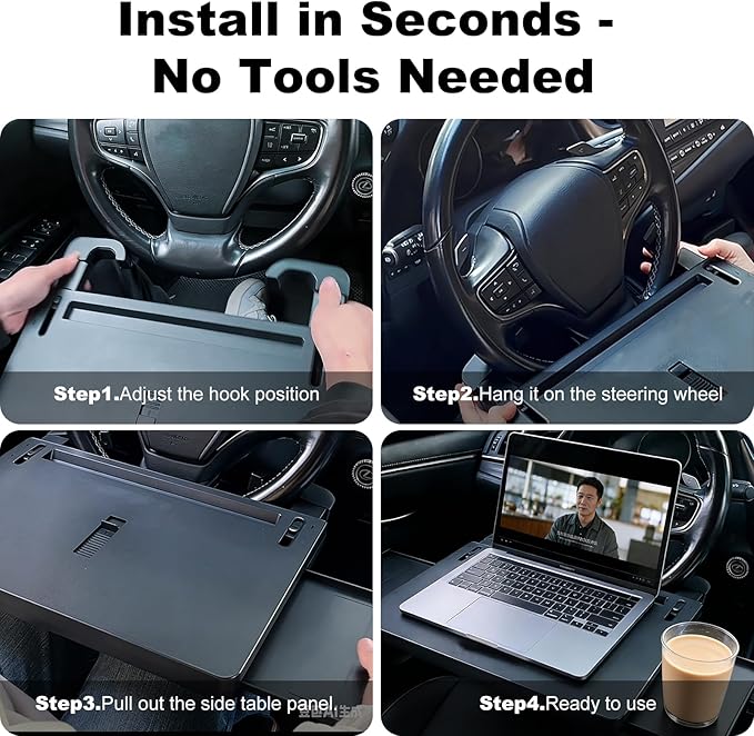 Extra Large Steering Wheel Tray for Car (26") – Adjustable Car Desk, Car Laptop Desk, Steering Wheel Desk Tray, Car Food Tray, Auto Travel Table with Expandable Side Panels for Eating, Working, Laptop
