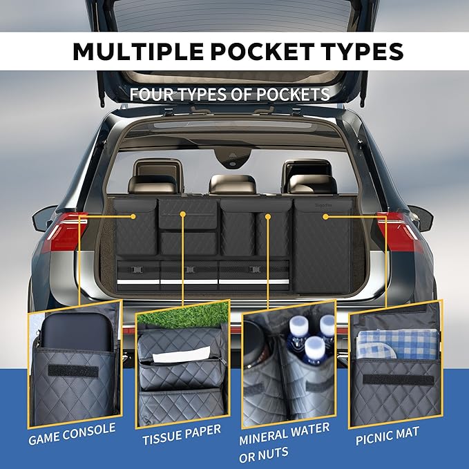 Backseat Hanging Organizer with Large Storage Bags | PU Leather, Large Capacity | Adjustable Straps, Waterproof & Collapsible |