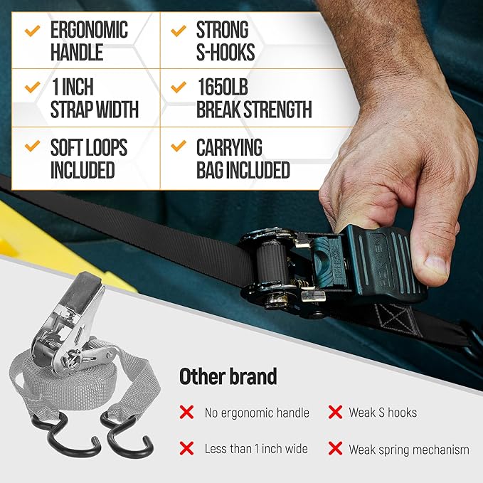 FORTEM Ratchet Straps, Tie Down Strap Set 1650lb Break Strength, 4 Pack 15ft x 1in, 4 Soft Loops, Moving Straps Tie Downs, Cargo Cam Buckles for Trucks, Carry Bag, for Men
