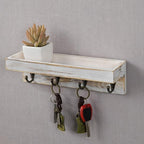 MyGift 10 Inch Floating Wall Shelf with Hooks, Whitewashed Wood Entryway Storage Shelf with 4 Metal Key Hooks