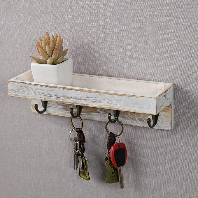 MyGift 10 Inch Floating Wall Shelf with Hooks, Whitewashed Wood Entryway Storage Shelf with 4 Metal Key Hooks