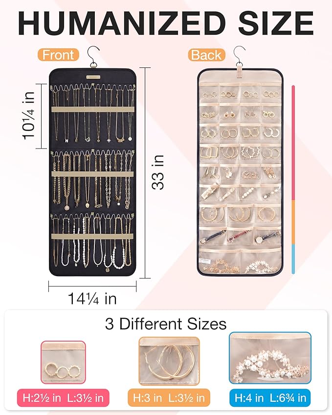 BAGSMART Hanging Jewelry Organizer Storage Roll with Hanger Metal Hooks Double-Sided Jewelry Holder for Earrings, Necklaces, 