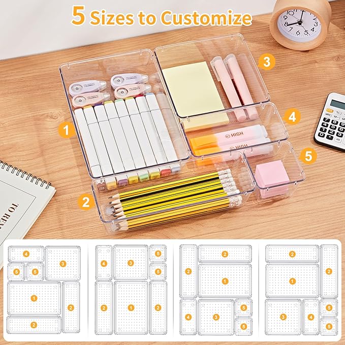 SMARTAKE 13-Piece Drawer Organizers with Non-Slip Silicone Pads, 5-Size Desk Bathroom Drawer Organizer Trays Storage Tray for