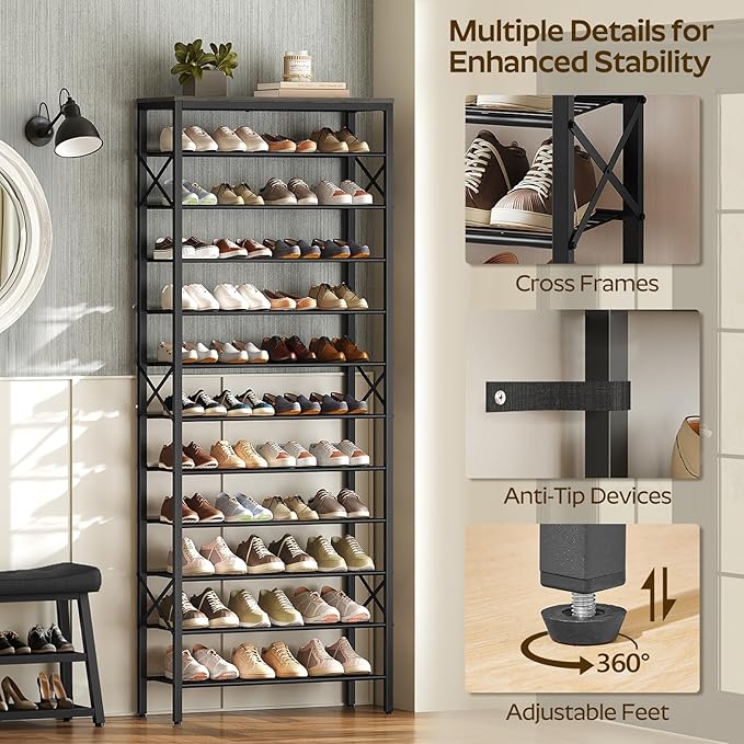 YATINEY 12 Tier Shoe Rack, Large Capacity Shoe Storage Organizer Holds 48 Pairs, Sturdy and Stable, for Entryway, Hallway, Cl