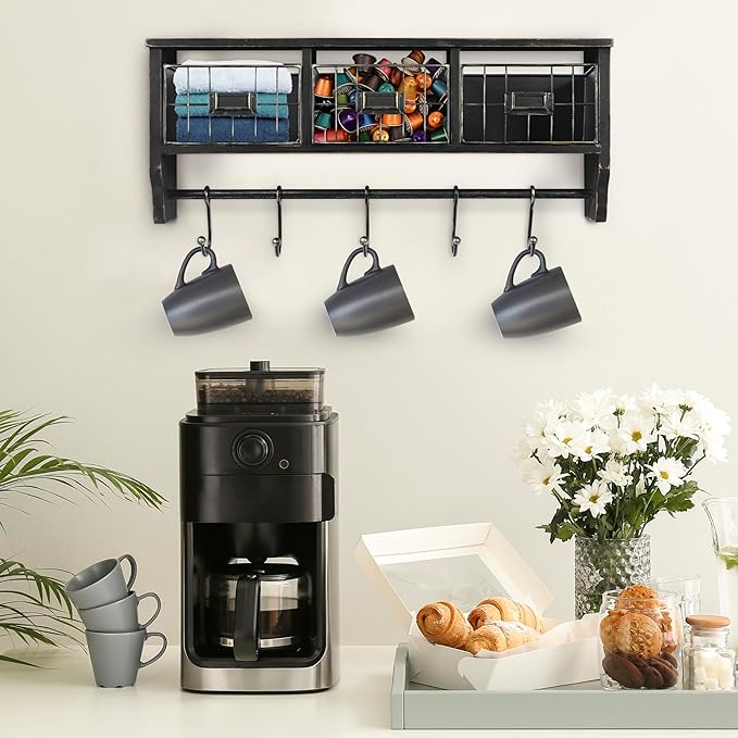 BizChair Wall Mounted Storage Rack - Blackwashed Solid Pine Wood - 24 Inch - Upper Shelf - 5 Hooks - Wire Baskets - For Entry