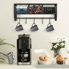 BizChair Wall Mounted Storage Rack - Blackwashed Solid Pine Wood - 24 Inch - Upper Shelf - 5 Hooks - Wire Baskets - For Entry