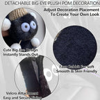 Car Headrest Pillow & Steering Wheel Cover Set with Cute Big-Eyed Furball Travel Neck Support Pillow Fur Car Interior Accessory (Black 5Pcs Set)