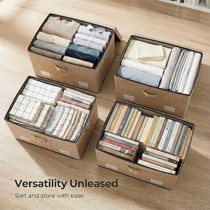 PRANDOM Storage Bins with Lids [3-Pack] Jute Fabric Foldable Storage Boxes Organizer Containers Baskets Cube with Cover for H