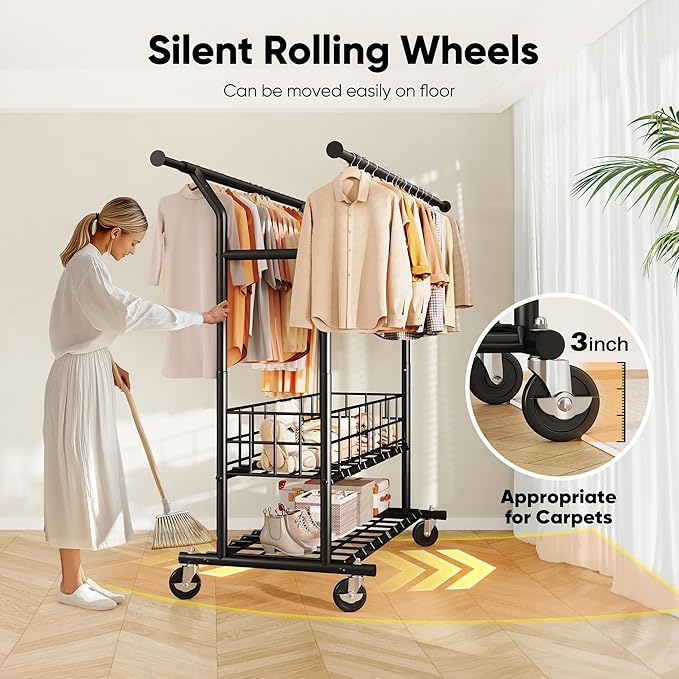 HOKEEPER Heavy Duty Clothes Rack Load 635 LBS, Clothing Rack for Hanging Clothes, Adjustable Black Double Rod with Metal Bask