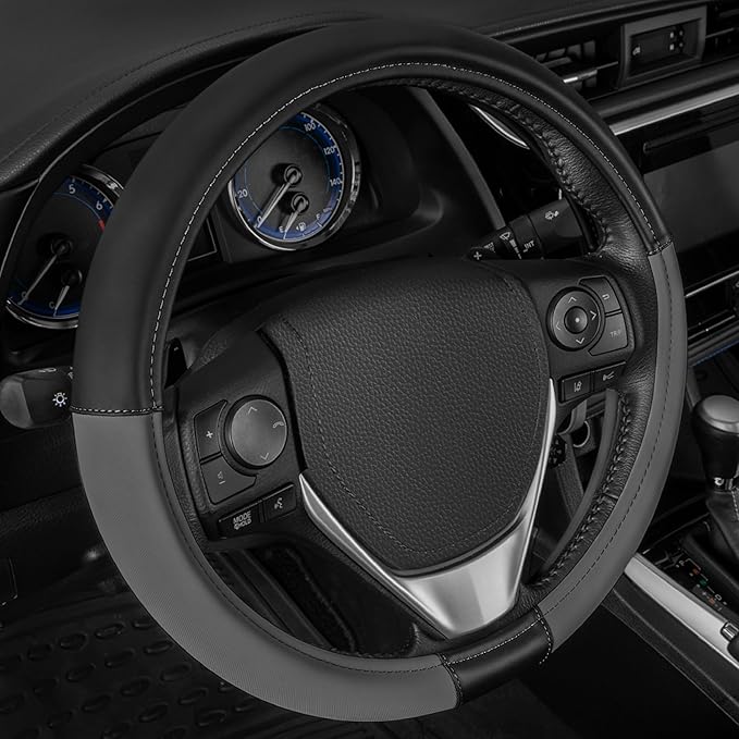 Cat® ErgoDrive Car Steering Wheel Cover with Dark Gray Grip, Black Faux Leather Steering Wheel Cover for Auto Truck Van SUV - Standard 14.5" - 15 Inches